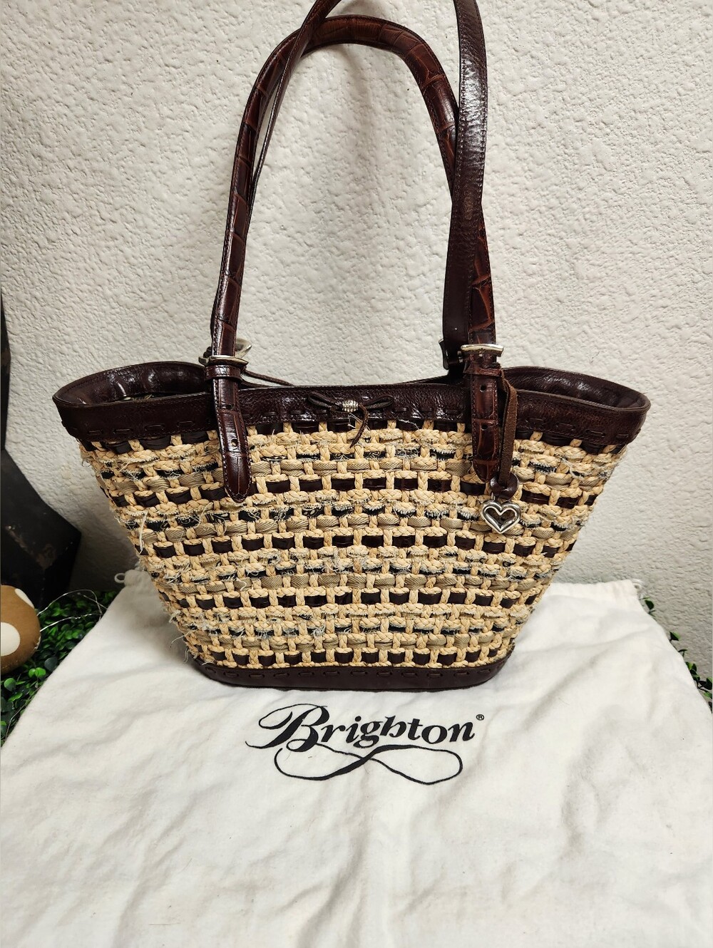 Brighton Brown Leather & Straw Woven Pattern Equestrian Buckle Tote 